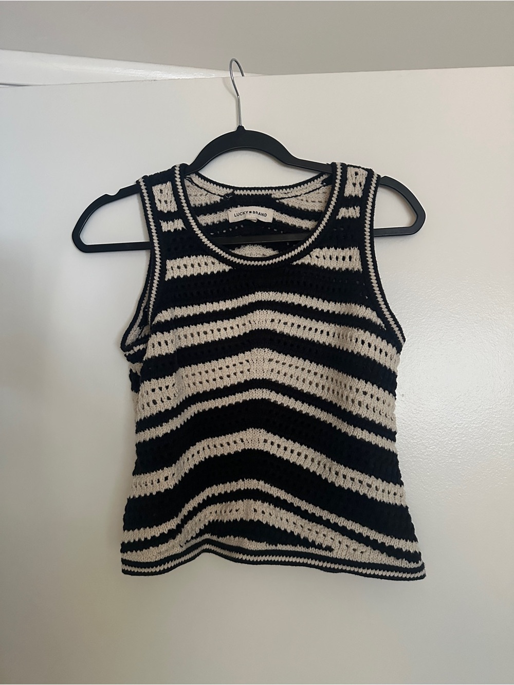 Lucky Brand Black and Cream Striped Crochet Tank
